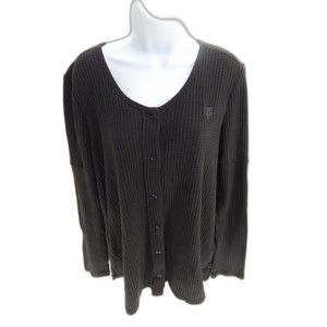 Fox Racing Women thermal Top L black button down Logo Embroidered Waffle Knit
